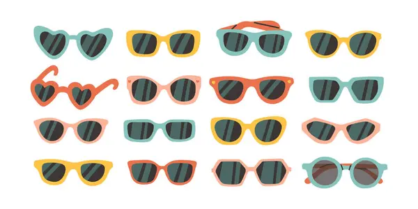 Varias Gafas Sol Diferentes Formas Colores Plástico Marco Metal Dibujado — Archivo Imágenes Vectoriales