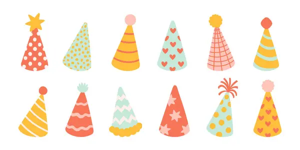 Cumpleaños Conjunto Sombrero Fiesta Conjunto Ilustración Vectorial Lindo Doodle Sombreros — Archivo Imágenes Vectoriales