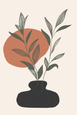 Abstract minimalist green leaves. Abstract vases organic bohemian wall art poster for minimal luxury interior. Modern illustration. Wall art home decoration. Elegant wall posters, covers.