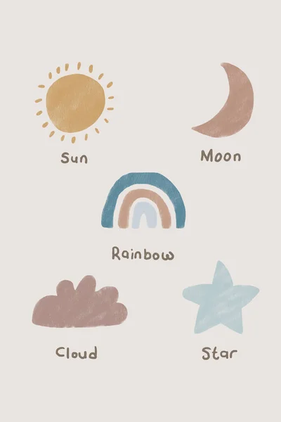 Hand drawn cute weather shapes. Illustration sun, moon, cloud, rainbow and star shapes. Cute sky scene with pastel colored drawing. Kids Room Poster.