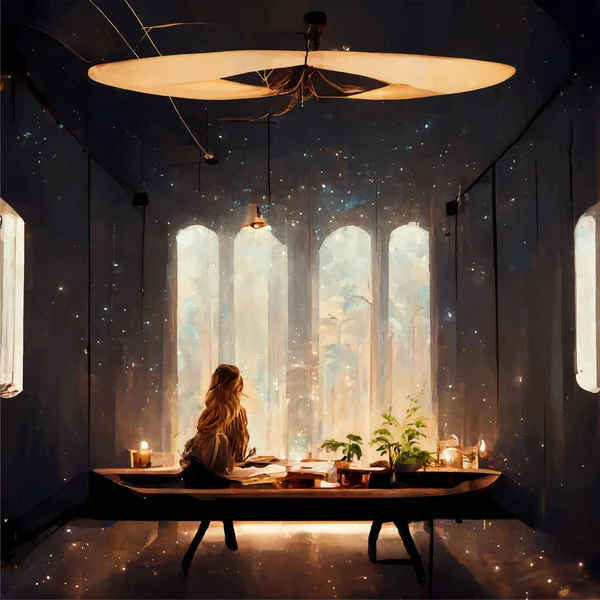 Genç bir kadın pencerenin yanında oturup kitap okuyor. kavram arkaplanı.