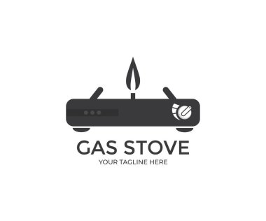 Siyah taşınabilir gaz sobası logosu tasarımı. Pişirme vektörü tasarımı ve çizimi için küçük taşınabilir bir gaz sobası.
