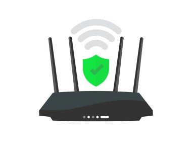 Kablosuz yönlendirici konsepti, güvenlik, iş iletişimi sosyal ağ konsepti logosu tasarımı. Siyah antenli siyah kablosuz kablosuz kablosuz yönlendirici. Teknoloji wifi düğmesi vektör tasarımı ve illüstrasyonu.