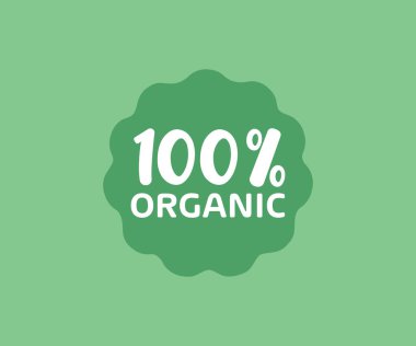 Organik% 100 etiket ya da etiket logosu tasarımı. Ekoloji, biyoloji, gmo serbest, doğal ve sağlıklı beslenme konsepti. Sağlıklı yaşam tanıtım kurdelesi, afiş ve ikon vektör tasarımı ve illüstrasyonu.