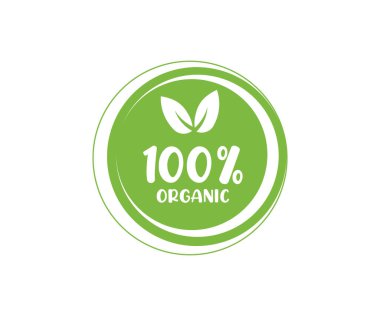 Yüzde yüz organik etiket etiketi logo tasarımı. % 100 Organik Etiket Yeşil Eko. Yüzde yüz Organik Simge. Sağlıklı gıda rozetleri, taze eko vejetaryen gıda vektör tasarımı ve illüstrasyonu.