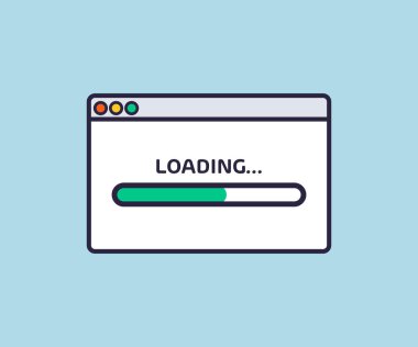 İşlem yükleme çubuğu, yükleme işareti, gösterge simgeleri, web tarayıcı logo tasarımında önyükleme sembolü. İş konsepti. İnternet tarayıcı penceresini düz bir biçim vektör tasarımı ve illüstrasyonunda aç.