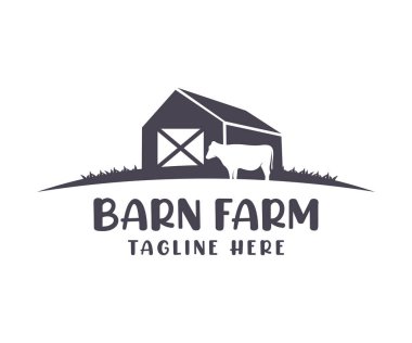 Çiftlik çiftliği ve inek logosu tasarımı. Çiftlik evi, depo, ahır, kırsal bölge. Tarlanın yanındaki çiftlik binaları. Çiftlik mandırası ve et üretim hayvancılık endüstrisi vektör tasarımı ve illüstrasyonu.