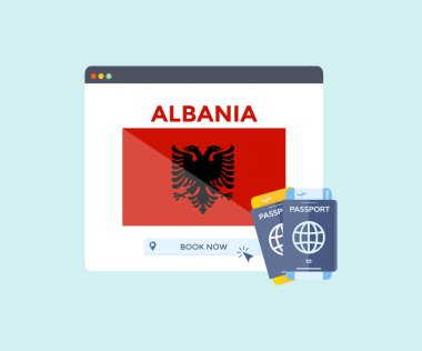 İnternet tarayıcı sitesinde, gezide, seyahat planlama ülkesinde çevrimiçi rezervasyon hizmeti Arnavutluk ulusal bayrak logosu tasarımı. Online uçak biletleri rezervasyonu. Web sitesi vektör tasarımı ve illüstrasyonu kavramı.
