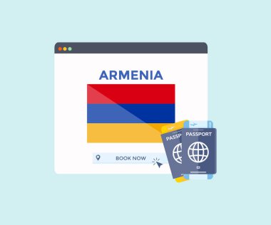 Web tarayıcı sitesinde online rezervasyon hizmeti, gezi, seyahat planlama ülkesi Ermenistan ulusal bayrak logosu tasarımı. Online uçak biletleri rezervasyonu. Web sitesi vektör tasarımı ve illüstrasyonu kavramı.