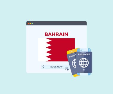 Web tarayıcı sitesinde online rezervasyon hizmeti, gezi, seyahat planlama ülkesi Bahreyn ulusal bayrak logosu tasarımı. Online uçak biletleri rezervasyonu. Web sitesi vektör tasarımı ve illüstrasyonu kavramı.