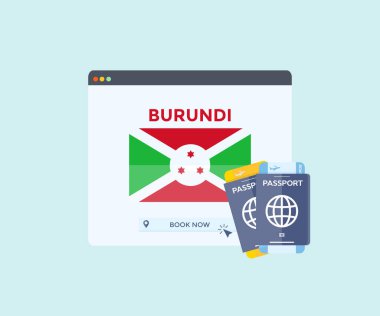 Web tarayıcı sitesinde, gezide, seyahat planlama ülkesinde online rezervasyon hizmeti Burundi ulusal bayrağı. Online uçak biletleri rezervasyonu. Web sitesi vektör tasarımı ve illüstrasyonu kavramı.