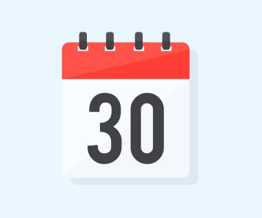 Ayın otuzuncu günü 30. gün, 30. gün logo tasarımı. Takvim simgesi düz gün 30. Olay çizelgesi. Buluşma zamanı vektör tasarımı ve illüstrasyonu.