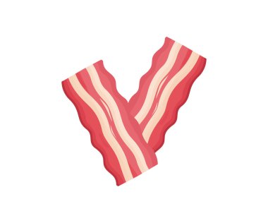 Kızarmış pastırma şeritleri. Beyaz arka plan logosunda iki dilim kızarmış domuz pastırması. Hamburger için kızarmış domuz pastırması ve dükkanlar ve pazarlar için gıda sandviçi vektör tasarımı ve illüstrasyon.