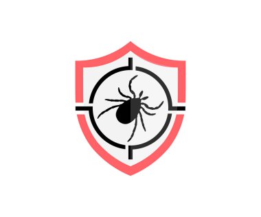 Pest control with shield, insect, chemical poison logo design. Pest control services, target, insects exterminator. Stop, warning, forbidden. Prohibited signs of mite vector design and illustration.