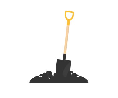 Shovel stuck in a pile of dirt soil logo design. Gardening, onstruction tool. Shovel and dry brown earth. The concept of digging, using a shovel to dig in the ground vector design and illustration.