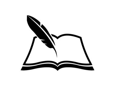 Quill, open book, classic stationery logo design. Vintage writing equipment concept. Suitable for education, author, or publishing vector design and illustration.