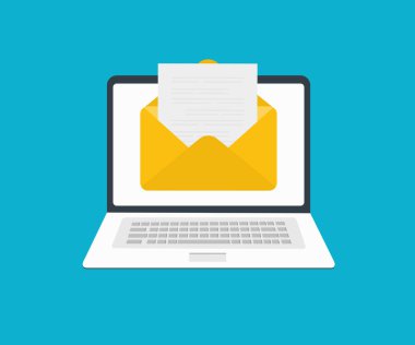 Laptop with envelope and document on screen logo design. E-mail, email icon notification. Communication connection message. New incoming sms, chat in social network vector design and illustration.