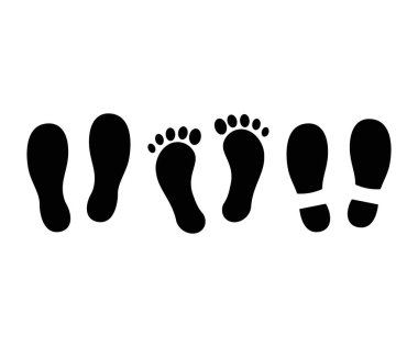 Set different human footprints. Footprint silhouette. Footsteps icon or sign for print. Simple footprints set vector design and illustration.