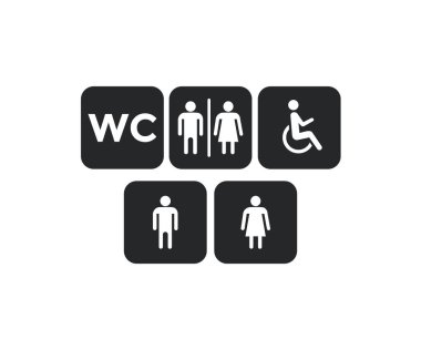 Banyo sembolü. Tuvalet sembolleri ayarlandı. Tuvalet ikonu. Tuvalet işaretleri, tuvalet işaretleri, banyo sembolü. Banyo, WC simgeleri, tuvalet erkekleri kadınlar, engelli vektör tasarımı ve illüstrasyon.