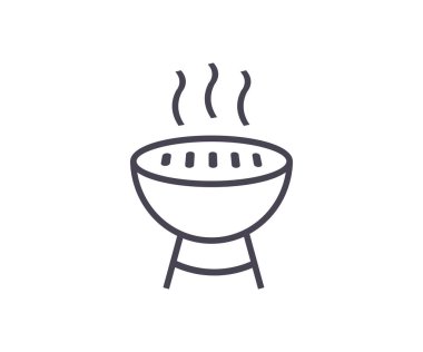 Izgara barbekü çizgisi simgesi. Beyaz arka planda izole tabela. Mangal zamanı, ızgara partisi. İnce doğrusal biçim ikon vektör tasarımı ve illüstrasyonu.