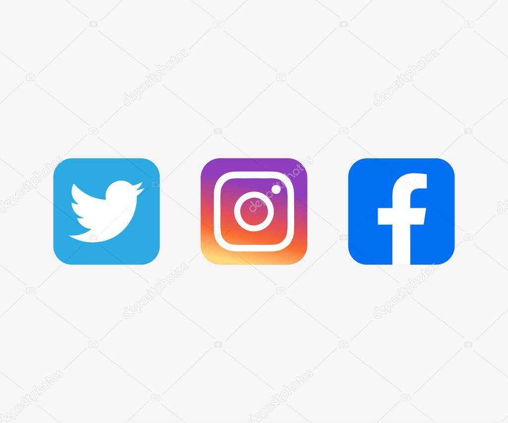 Twitter logotype. Instagram logotype. Facebook logotype. Collection of popular social media logo on isolated or white and transparent background. Social network icons vector design and illustration.