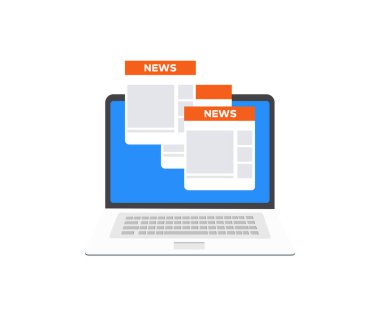 Dizüstü bilgisayardaki gazete. Online haber logosu tasarımı. Haber sitesi, olaylar, aktiviteler hakkında bilgi. İnternet vektör tasarımı ve illüstrasyonu üzerine gazete ve portal.
