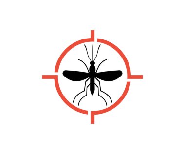 Sinyaller, sivrisinekler logo tasarımını hedef alıyor. Bilgi kırmızı yasak sivrisinek hedefi, böceği kontrol et, salgını önle, dur işareti vektör tasarımı ve illüstrasyonunu işaretle.