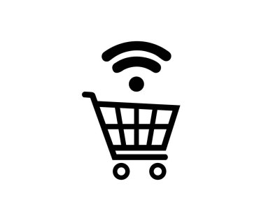 Kablosuz ikonlu alışveriş arabası. Kablosuz internet sembollü akıllı alışveriş arabası. Çevrimiçi alışveriş ve e-ticaret, çevrimiçi alışveriş kavramı vektör tasarımı ve illüstrasyonu.