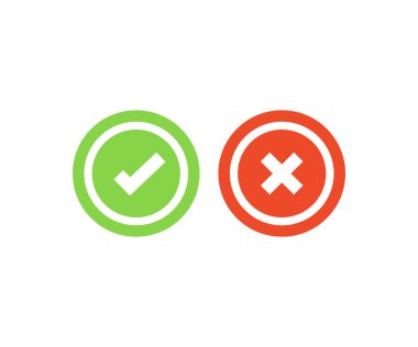 Yeşil işaret ve kırmızı işaret simgesi seti. Çemberdeki işaretleri ve kırmızı haç simgelerini işaretleyin, kontrol listesi işaretleri, düz onay rozeti, izole tick sembolleri vektör tasarımı ve resimleme.