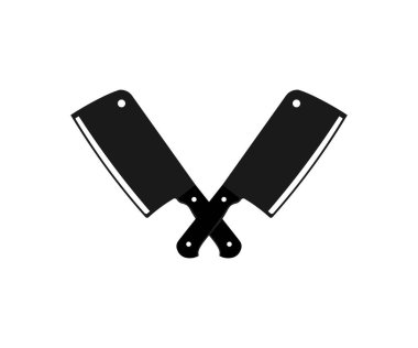 Kasap bıçak logosu dizaynını kesmiş. Keskin kasap bıçakları et endüstrisi vektör tasarımı ve illüstrasyonu için siluet sembolünü çaprazladı.