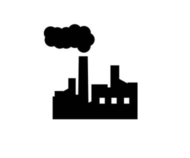 Siyah fabrika ikonu tasarımı. Sanayi binası, fabrika ve elektrik santralleri vektör tasarımı ve illüstrasyonu.