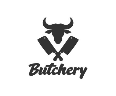 Antika Retro Butchery marka logo tasarımı. Keskin kasap bıçakları et endüstrisi vektör tasarımı ve illüstrasyonu için boğa başlı siluet sembolüyle kesişiyor..