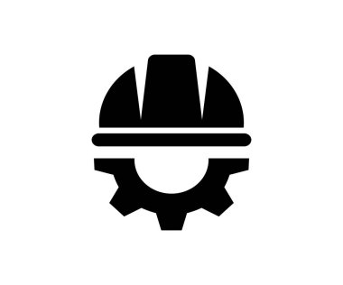 Kask ve teçhizat. Güvenlik ve koruma, mühendis, inşaat, işçilik. Çalışma kıyafeti, kask yapısı ve çark vektör tasarımı ve illüstrasyonu.