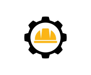 Vites şapka yapım logosu tasarımı. İnşaat, işçilik ve mühendislik sembolleri. Çalışma kıyafeti, kask yapısı ve çark vektör tasarımı ve illüstrasyonu.