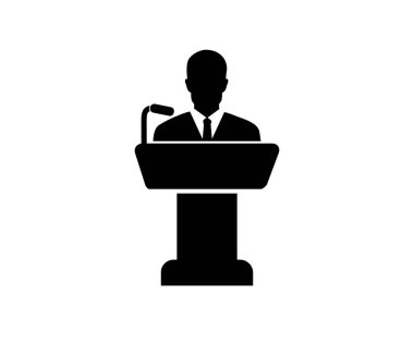 Konuşma Simgesi. Konferans konuşmacısı simgesi. Halk konuşması için podyum sembolünde mikrofon vektör tasarımı ve illüstrasyonuyla bir erkek..