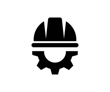 Kask ve vites siyah simgesi. Güvenlik ve koruma, mühendis. İnşaat, işçilik ve mühendislik sembolleri. Çalışma kıyafeti, kask yapısı ve çark vektör tasarımı ve illüstrasyonu.
