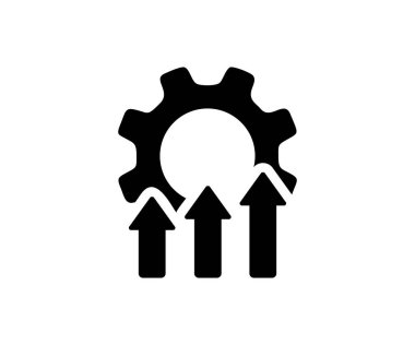 Vites ve oklar ikon halinde. Operasyonel mükemmellik. Sistem yükseltme simgesi, oklu dişli, güncelleme süreci, yazılım vektör tasarımı ve illüstrasyonu. 