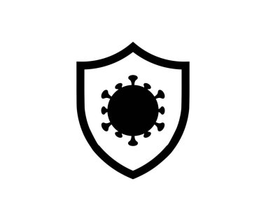 Kalkan ve virüs ikonuyla antivirüs koruması. Kalkan bağışıklık sistemini ve antibakteriyel koruma vektör tasarımı ve illüstrasyonunu korur.. 