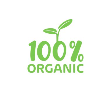 Organik% 100 rozet. Ekoloji, biyoloji, gmo serbest, doğal ve sağlıklı beslenme konsepti. Sağlıklı yaşam tanıtım kurdelesi, afiş ve ikon vektör tasarımı ve illüstrasyonu.