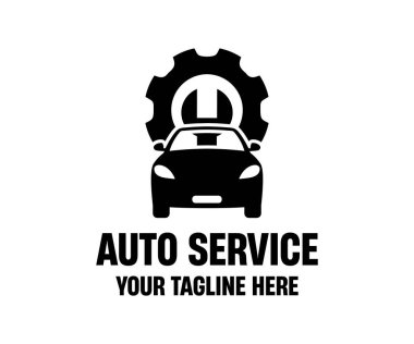 Araba servisi logosu tasarımı, oto tamirhanesi sembolü. Servis, onarım, motor, pil, tekerlek, teşhis, mekanik, otomobil, bakım ve garaj vektör tasarımı ve illüstrasyon. 