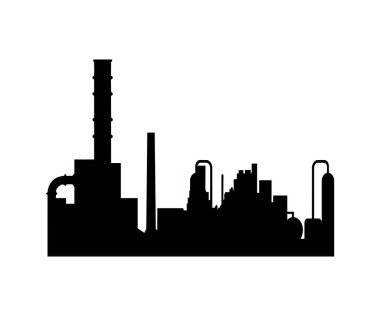 Fabrika binası ikonu. Petrol rafinerisi endüstriyel petrol bölgesi, Rafineri ekipmanları boru hattı çelik ve petrol depolama tankı vektör tasarımı ve illüstrasyon.