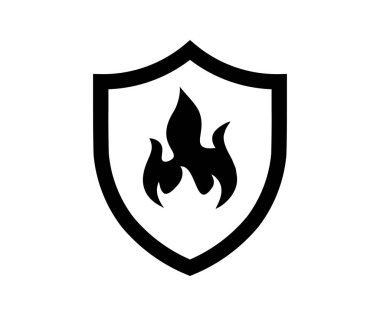 Ateş kalkanı koruma simgesi işareti. Ateş işaretli kalkan, koruma vektör tasarımı ve illüstrasyonu. 