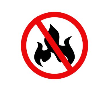 Ateş kırmızısı yok. Alevlere yasak uyarı tehlikesi yok. İşaret güvenlik uyarısı yasak. Ateş yasaktır. Yanıcı sembol vektör tasarımı ve illüstrasyonu.