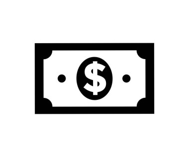 Kalın siyah siluet, stilize banknot Amerikan doları. Nakit para. Finans simgesi. Web tasarım vektör tasarımı ve illüstrasyonu için finansal bilgi elemanları ve semboller.