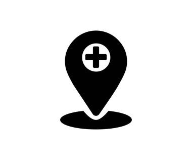 Tıbbi Konum Belirleyicisi. Tıbbi konum pimi, harita işaretleyici tasarım ve illüstrasyon içindeki bir haçla sembolize edilir..