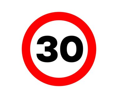 Trafik levhası hız limitinin saatte 30 kilometre olduğunu gösteriyor. Hız sınırı işareti, trafik güvenliği vektör tasarımı ve illüstrasyon.