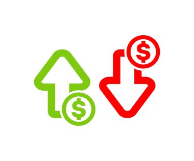 Para artırma simgesi ve ok yukarı simgesi. Dolar dolar vektör tasarımı ve illüstrasyonundan kar etmek ve kaybetmek.