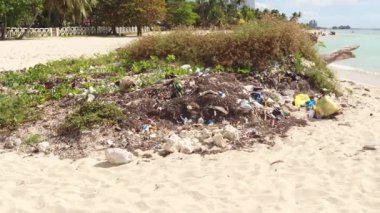 Bir yığın çöp ve plastik atığın olduğu bir plaj sahnesi. Bölge kum ve seyrek bitki örtüsüyle çevrili, kirlilik ve çevre sorunlarını vurguluyor.