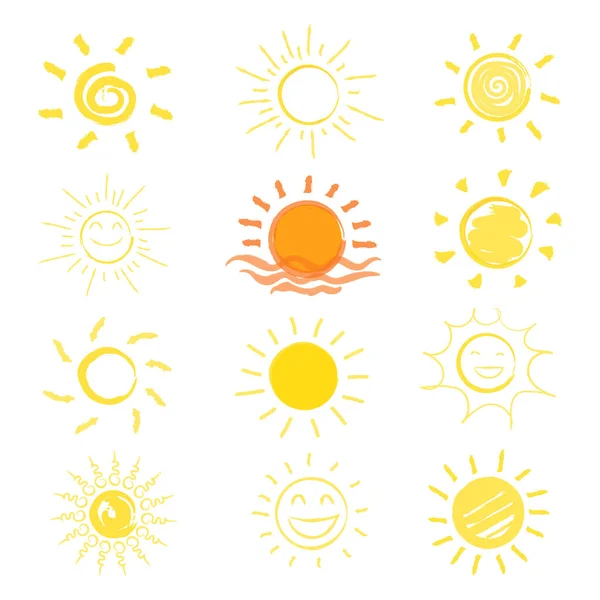 Солнце Иконы Ручной Работы Коллекции Изолированы Белом Фоне Концепция Летнего — стоковый вектор