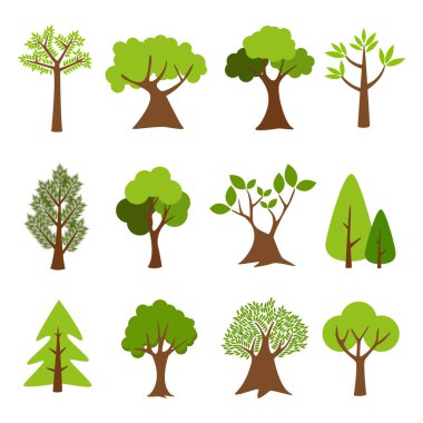 Ağaç koleksiyonu. Ağaç seti beyaz arkaplanda izole edildi. vektör illüstrasyonu.